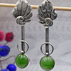 Soviet VTG old Ukraine earrings Sterling SILVER 925 stone green nephritis
