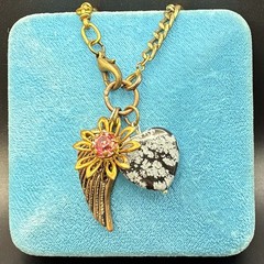 Vtg Brassy Bronzy Necklace & Charms of Mixed Metals: Heart, Flower, Angel Wing