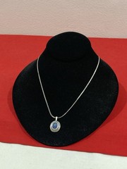 Vintage 925 Sterling Silver Signed Blue Agate Pendant & Chain Necklace 17.75”