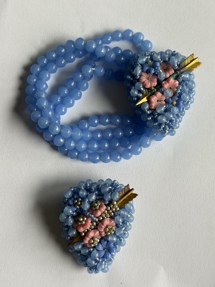 VINTAGE MIRIAM HASKELL BLUE GLASS BEAD AND SEED HEART BRACELET & PIN “AS IS”