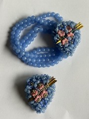 VINTAGE MIRIAM HASKELL BLUE GLASS BEAD AND SEED HEART BRACELET & PIN “AS IS”