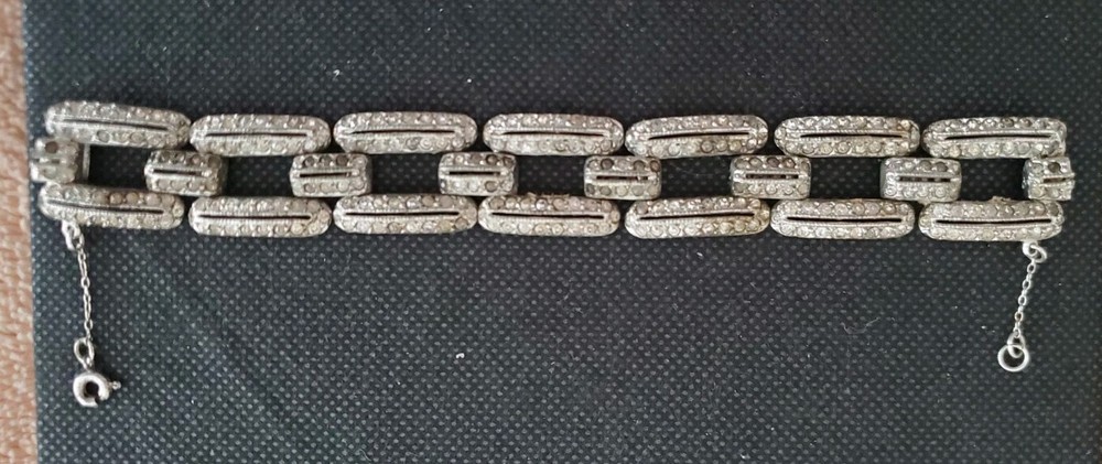 Antique Art Deco Pot Metal Paste Rhodium Plated Bracelet & Safety Chain 1920s