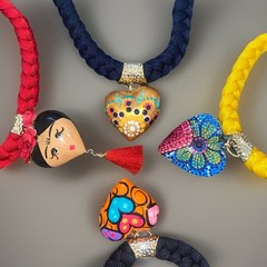 Hand Painted Boho Heart Necklace Lot RARE One of a Kind Frida Free Shipping!
