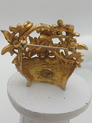 MY FAIR LADY BSK goldtone pink enamel clear stones SPRING flower basket brooch