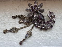 Vintage Estate Flower Brooch Rhinestones Amethyst & Clear Dangle Prong Set