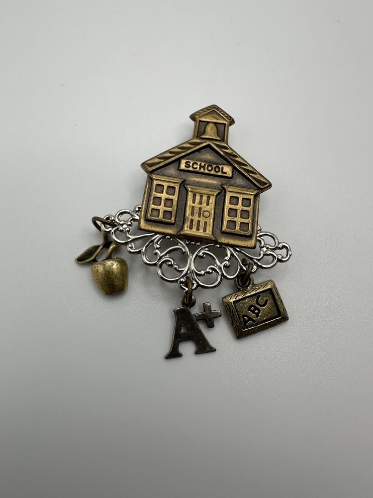 Vintage School Teacher Brooch Brass Silver Colored 6.7cm x 4.5cm BB7
