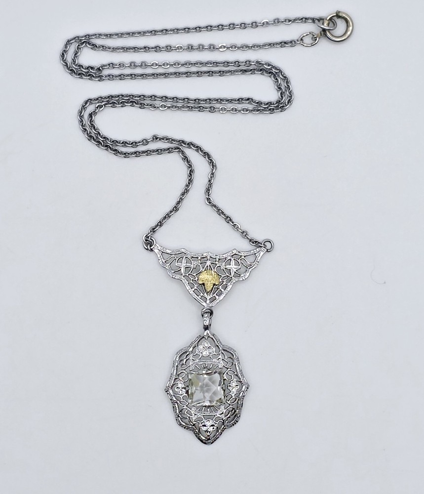 Antique Edwardian Filigree Lavalier Necklace Camphor Glass Style Art Deco