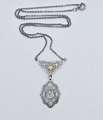 Antique Edwardian Filigree Lavalier Necklace Camphor Glass Style Art Deco