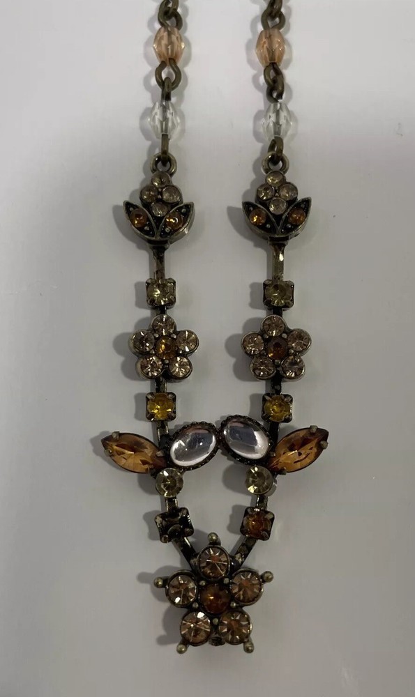 Antiqued Avon brass & topaz rhinestone Flower leaves necklace