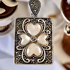 DBJ Sterling Silver Vintage Pendant Marcasite Mother of Pearl Heart