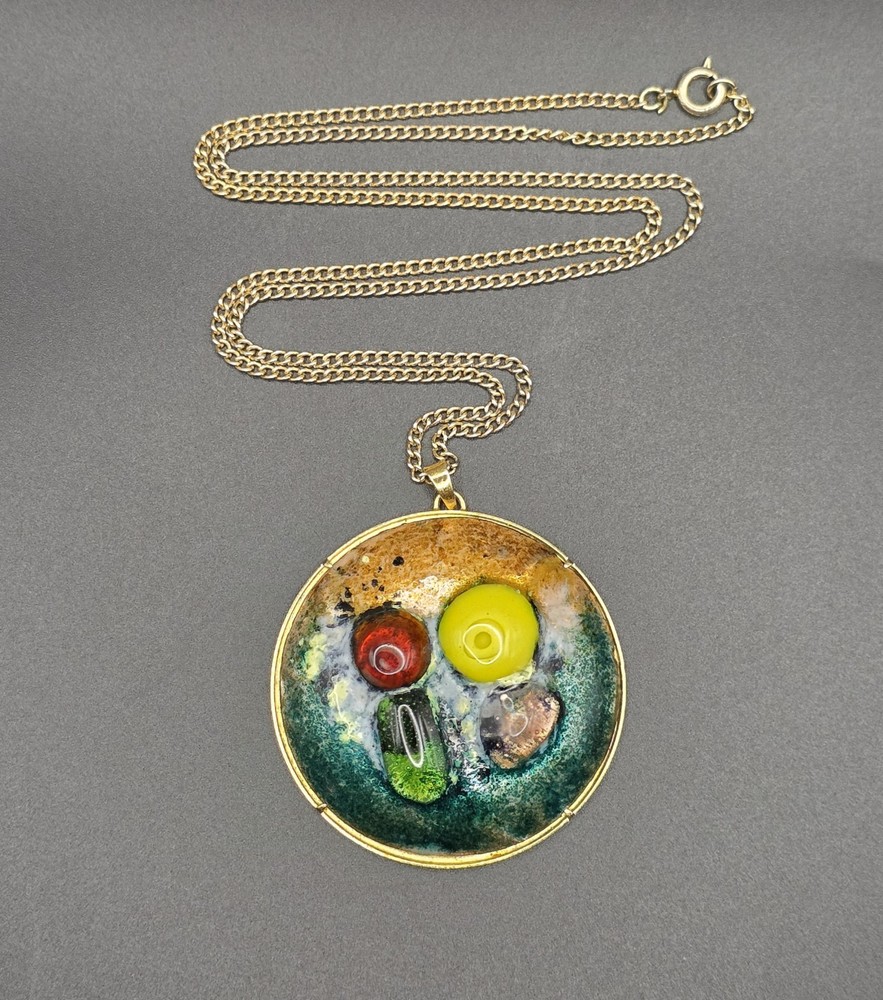 Vtg MCM Enamel Copper Pendant Necklace Large 2.25″ Glass Cabochon Retro Atomic