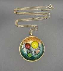 Vtg MCM Enamel Copper Pendant Necklace Large 2.25″ Glass Cabochon Retro Atomic