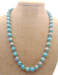 Vintage Hand Painted Faux Cloisonne Porcelain Bead Knotted Necklace Blue 25″