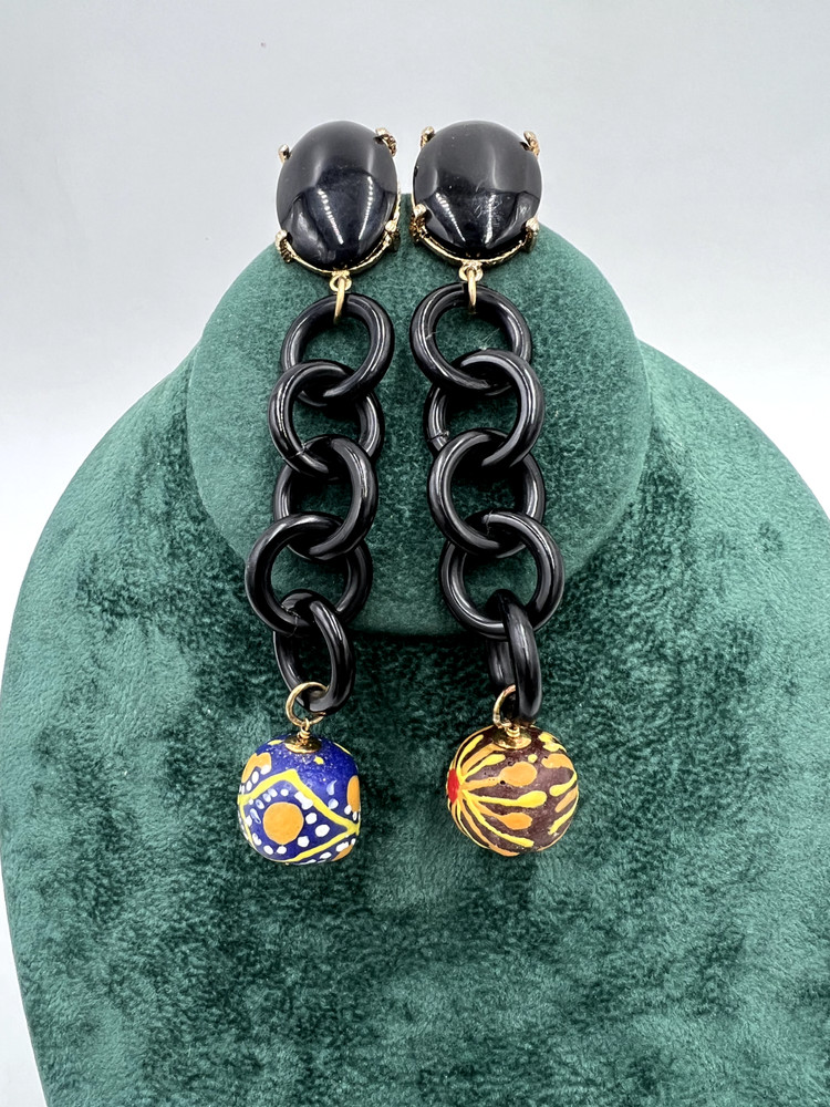 (Only Set) VTG 5″Lx0.8″W Amlé Lucite Hand-painted Dangle Push-on Earrings Italy