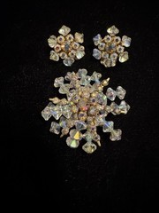 Vintage Snowflake Brooch And Earring Set, Aurora Borealis Rhinestones And Beads