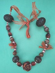 Vintage Lucite ROSE, AMBER STONE, Pink Cat’s Eye Beaded Necklace W/ Ribbon Tie