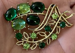 Vintage Uranium Glass Brooch Lime Green Rhinestones With Cabochons Signed Coro