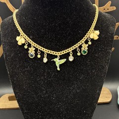 Vintage Tiny Hummingbird Enjoying Flowers, & Rhinestone Raindrop Charms Necklace