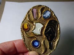 1970’s Modernist brooch pin texture gold tone 5 Multicolor multifacet Cabochons