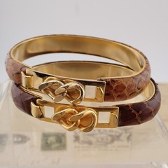 VTG Pair Set of 2 Brown Snake Skin Gold Tone Tension Closed 6 1/2″ Bracelet Lot
