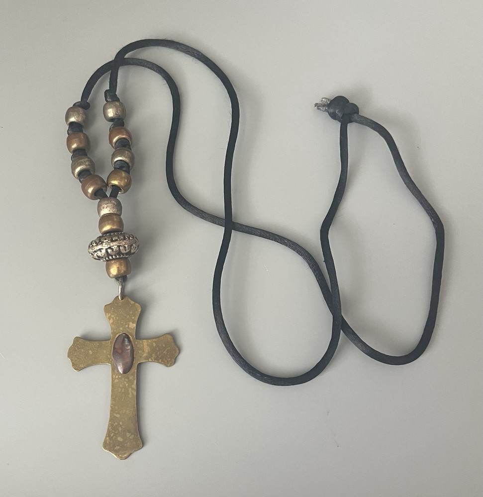 VTG Brass Cross-Religious-Black Cord- Plastic Beads-Necklace-Faux Shell Stone