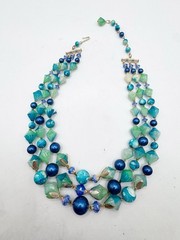 Vtg Hong Kong 3 Strand Beaded Collar Necklace Peacock Blue Turquoise Iridescent