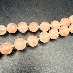 Chinese Export Blush Pink Carved Rose Quartz Necklace Floral Pendant 17 Inches