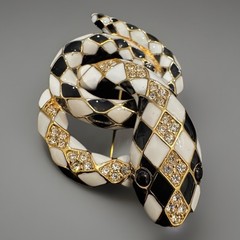 CINER FOR MMA Gold Tone Black White Enamel Coiled Snake Brooch White Rhinestones