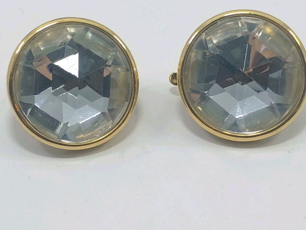 Gorgeous Vintage Triffari Button Style Clip On Earings W/ Clear Fauceted Glass