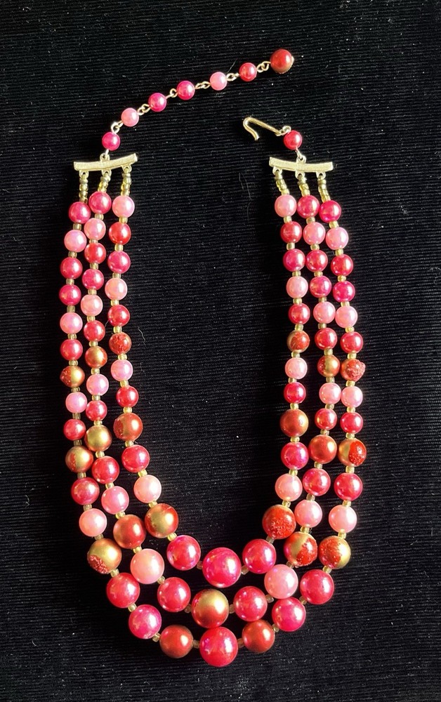 vintage triple strand pink/gold beaded choker gold-tone hook clasp Japan