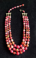 vintage triple strand pink/gold beaded choker gold-tone hook clasp Japan