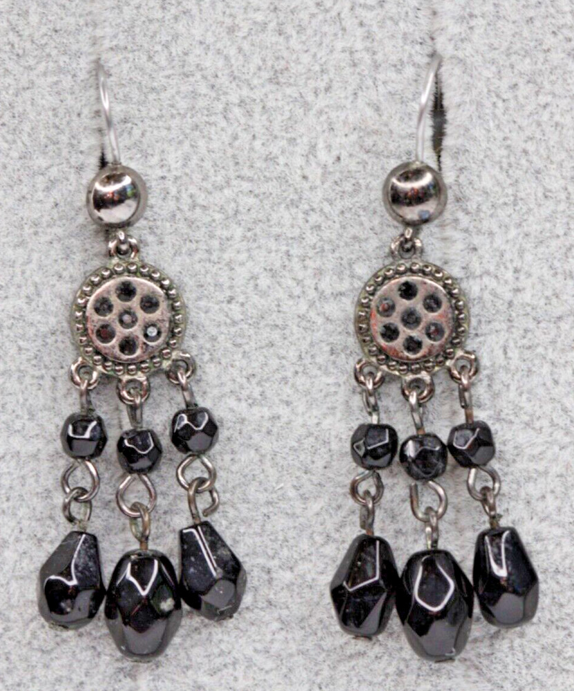 Silver Tone Black Dangle Drop Glass Bead Chandelier Pierced Earrings