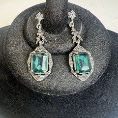 Beautiful Art Deco Inspired Silver Tone Faux Aqua Stones Drop Dangle Earrings