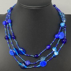 Layered Art Glass Necklace Blue Marble Opaque Transparent Bead Seed Acrylic 20″