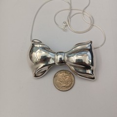 Vintage Sterling Silver Bow Necklace Brooch Puffy Tie Modernist 80s Israel Bold