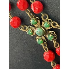 Vintage Freirich Necklace Triple Scalloped Red Faceted Glass Beads Green Flowers
