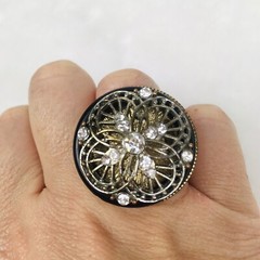 Vintage Ring Gold Tone Metal Faux Diamond Round Adjustable One Size Fits All