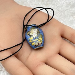 Vintage Cloisonne Urn Necklace Blue Crane Bird Enamel Pendant Chinese Export 26″