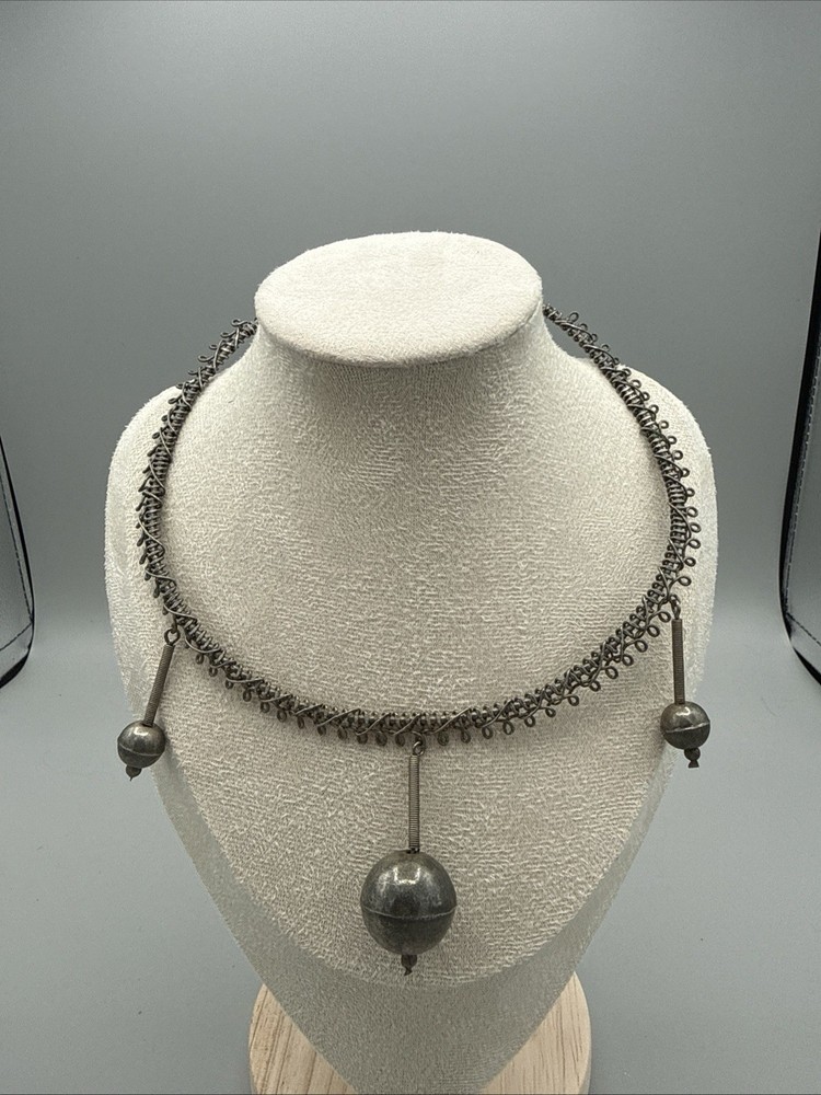 Vintage Silver Tone Ball Drop Beads Wire Choker Necklace