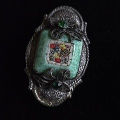Antique Silver Tone Millefiori Micromosaic Brooch Pin Green Rhinestones Art Deco