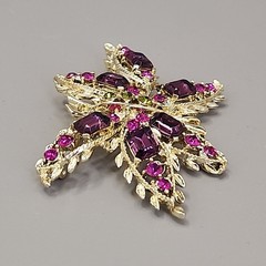 Vintage Rhinestone Butterfly Brooch Clip On Earring Set Pink Purple Gold Tone