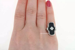 Art Deco Black Onyx & Mine Cut Cubic Zirconia 18.26TCW Filigree Milgrain Ring