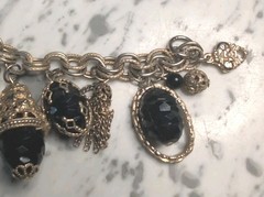 Vintage Black And Gold Tone Chain Ball Dangles Charm Bracelet Pendants.
