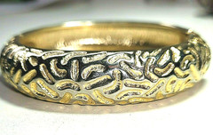 Unsigned Designer Cuff Clamper Bracelet 1980’sEmbossed Textured Hinged Goldtone