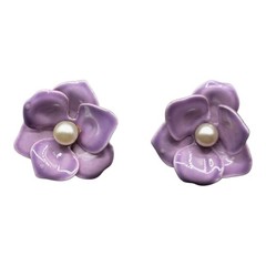 Lilac Enamel Floral Brooch Clip-On Earrings Set Faux Pearls Vintage Jewelry