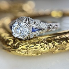Art Deco Old European Cut Diamond Sapphire Engagement Ring
