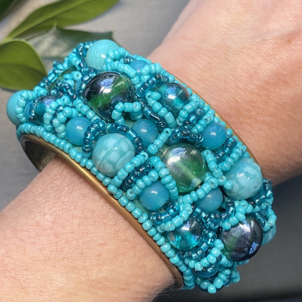 Vintage Cuff Bracelet M-L Brass Estate Jewelry Turquoise Microbead Art Glass