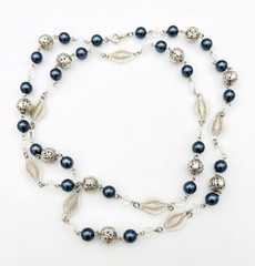 Vtg Signed Trifari Filigree Silver Tone Gray Faux Pearl Station Necklace 36 in