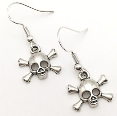 Silver Tone Costume Skull & Crossbones Hook Dangle Earrings #23
