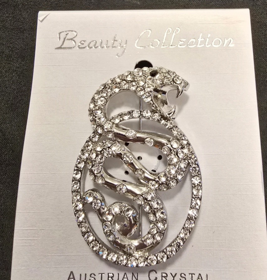 SNAKE BROOCH, AUSTRIAN CRYSTALS, 2″ X 1.5″